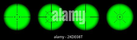 Verschiedene Waffen Nachtsicht, Scharfschützengewehr optische Scopes. Jagdgewehr-Sucher mit Fadenkreuz. Ziel, schießen Marke Symbol. Militärisches Zielschild Stock Vektor