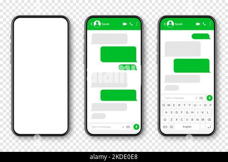 Realistisches Smartphone mit Messaging-App. Leerer SMS-Textrahmen. Chat-Bildschirm mit grünen Nachrichtenblasen. Social-Media-Anwendung. Vektor Stock Vektor