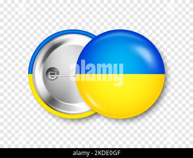 Realistisches Knopfabzeichen mit bedruckter ukrainischer Flagge. Souvenir aus der Ukraine. Glänzendes Pin-Emblem mit glänzendem Metallverschluss. Produktmockup für Werbung und Stock Vektor