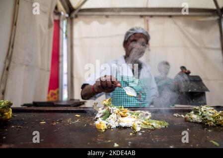 Frauen aus Selbsthilfegruppen, die tawa beim Saras Food Festival, das vom Ministerium für ländliche Entwicklung in Baba Kharak Singh Marg, Connaught Place, organisiert wurde, grünes Herbel-Huhn zu einem traditionellen Essen aus dem Bundesstaat Kerela kochten. Das Saras Food Festival ist ein einzigartiges Beispiel für die Ermächtigung von Frauen. Etwa 150 Unternehmerinnen und Mitglieder von Selbsthilfegruppen (Selbsthilfegruppen sind ein Ausschuss für Finanzintermediäre, der in der Regel aus 12 bis 25 lokalen Frauen im Alter zwischen 18 und 50 Jahren besteht) Aus 17 Staaten nehmen an dieser Veranstaltung Teil, die ihnen die Möglichkeit gibt, ihre Fähigkeiten in der Lebensmittelindustrie zu präsentieren. Stockfoto