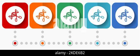 DNA, genetische Modifikation Vektor-Symbole, Infografik-Vorlage, Satz von flachen Design-Symbole in 5 Farboptionen Stock Vektor