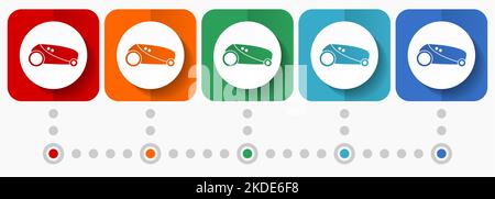 Roboter, Vektorsymbole für automatische Rasenmäher, Infografik-Vorlage, Satz flacher Designsymbole in 5 Farboptionen Stock Vektor