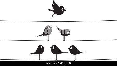 Vögel Silhouetten auf Draht, Vektor. Fun Cartoon Art Design. Minimalistisches Poster-Design isoliert auf weißem Hintergrund. Vintage-Design in Schwarz und Weiß. Stock Vektor
