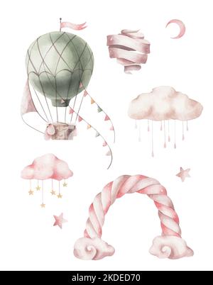 Aquarell Heißluftballon und Regenbogen und Wolken isoliert. Niedliche Aquarellwolken und Regenbogen. Stockfoto