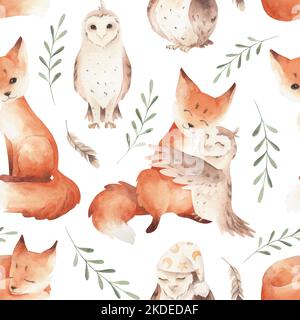 Aquarell-Muster mit umarmenden Waldtieren isoliert. Niedliches nahtloses Muster mit Fuchs und Eule und Ast. Stockfoto