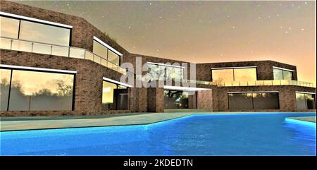 Swimmingpool wie ein strahlend blauer Fluss unter einem Sternenhimmel im Hinterhof eines luxuriösen Clubhotels, das nach einem modernen Projekt mit envion gebaut wurde Stockfoto