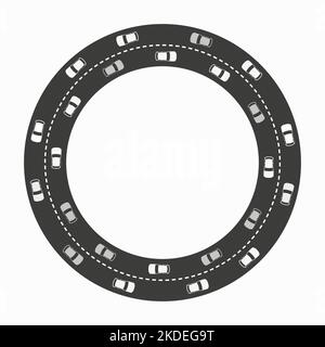 Ringstraße mit Autos. Stadtverkehr Kreis Rahmen. Rundweg-Verkehr. Flache Vektorgrafik isoliert auf weißem Hintergrund. Stock Vektor