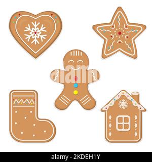 Eine große Reihe von Weihnachts-Lebkuchen: Lebkuchenhäuser, Lebkuchenmann, Schneeflocken, Socke, Weihnachtsbaum, Glocke, Stern, Fäustling. Vektorgrafik Stock Vektor