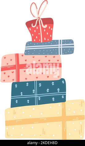 Stapel von bunten Geschenkboxen in Cartoon-Flat-Stil. Handgezeichnete Vektordarstellung von Berggeschenken, Geschenke mit Bogen Stock Vektor