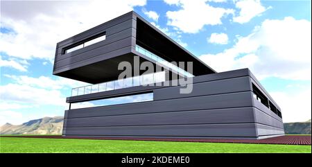 Exklusives futuristisches Design des ökologischen Landhauses in den Bergen. Die Fassade ist mit einem langlebigem, energieeffizienten Material ausgestattet. Stockfoto