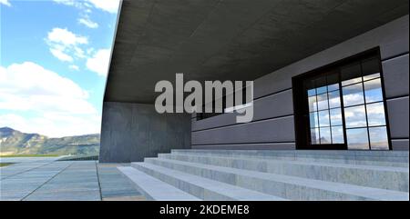 Porch-Design eines Luxus-Landhaus. Breite monolithische Betonstufen. Schwingtüren aus Glas. Veredelung der Fassade mit Aluminiumplatten. 3D Rendern. Stockfoto