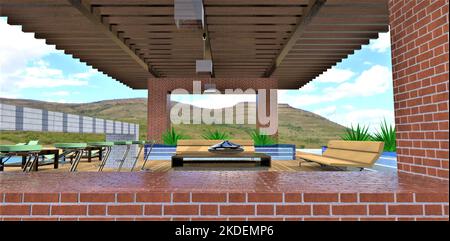 Ein Blick in die komfortable Terrasse. Rote Backsteinsäulen. Theke und Stühle an der Bar. Gepolsterte Möbel. Wunderbare verfaulte Landschaft. 3D Rendern. Stockfoto