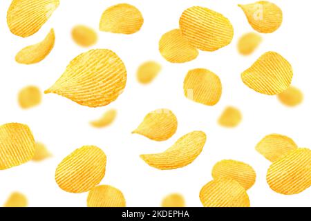 Fallende Kartoffelchips isoliert auf weißem Hintergrund, selektiver Fokus Stockfoto