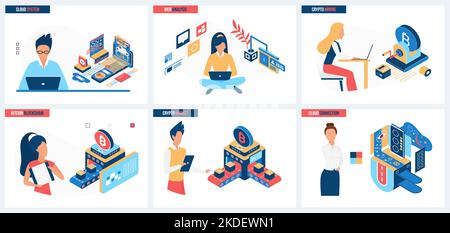 Blockchain, Krypto-Technologie, elektronische Transaktionen und Mining Set Vector Illustration. Cartoon Tiny People arbeiten mit Kryptowährung, tauschen, handeln und übertragen digitales Geld auf dem Online-Markt Stock Vektor
