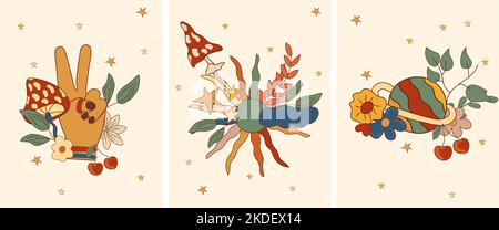 Positive Komposition 70s mit einer Hand, bunte Sonne, abstrakter Raum, Pilz, helle Blumen und Blätter. Komposition im Vintage-Stil perfekt für Karten, Poster, Postkarte, Banner. Vektor Stock Vektor