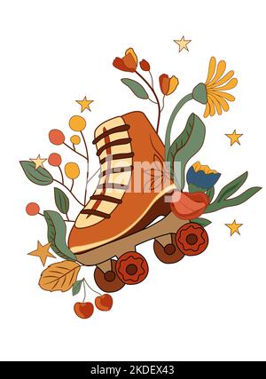 Retro Komposition 70s mit bunten Rollen Skate, Blumen und Blätter. Psychedelisch groovige Symbole perfekt für Karten, Poster, Postkarte, Banner. Vektor. Stock Vektor