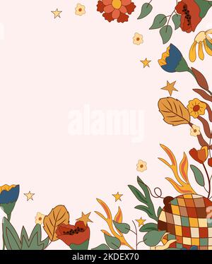 Positivplakat 70s mit bunten Blumen und Blättern, grooviger Diskokugel. Komposition im Vintage-Stil perfekt für Karten, Poster, Postkarte, Banner. Vektor Stock Vektor