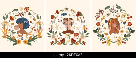Positive Komposition 70s mit buntem Kranz, Retro-Mädchen, Pilz, Blättern. Psychedelischer Hippie-Symbole. Vintage Poster perfekt für Grußkarten, Poster, Postkarte, Banner. Vektor. Stock Vektor