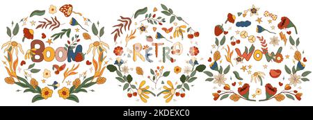 Positive Komposition 70s mit farbenfrohem Retro-Schriftzug im Kranz, Boom, Retro, Wow. Psychedelisch groovige Symbole perfekt für Karten, Poster, Postkarte, Banner. Vektor. Stock Vektor