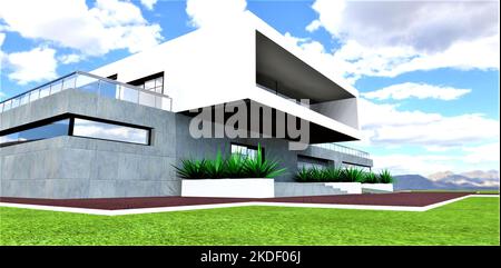 Schönes Landhaus auf der grünen Wiese unter dem wolkigen Himmel. Modernes Design von fortschrittlichen Ingenieuren. 3D Rendern. Stockfoto