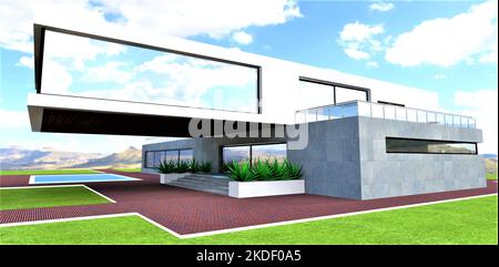 Futuristisches Design des Landhauses in den Bergen. Catilever im zweiten Stock. Betonwandbearbeitung. 3D Rendern. Stockfoto