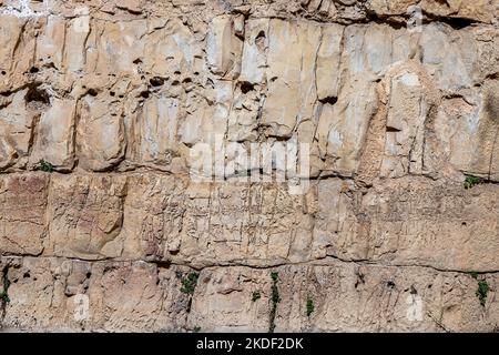 Textur der Wandoberfläche aus ungleichmäßig geschnittenen Jerusalem Steinen. Isarel Stockfoto