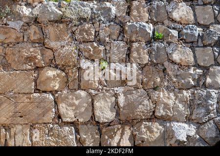 Textur der Wandoberfläche aus ungleichmäßig geschnittenen Jerusalem Steinen. Isarel Stockfoto