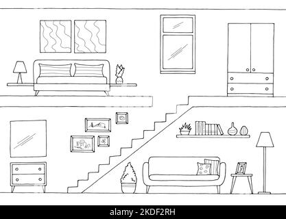 Wohnung Innengrafik schwarz weiß Skizze Illustration Vektor Stock Vektor