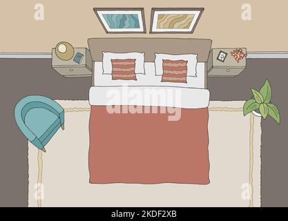 Schlafzimmer Draufsicht von oben grafische Farbe Heim Interieur Skizze Illustration Vektor Stock Vektor