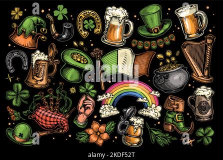 St. Patricks Day Symbolsatz. Kollektion von Designelementen für Urlaubskarte, Banner, Einladung. Irisches Urlaubskonzept Stock Vektor