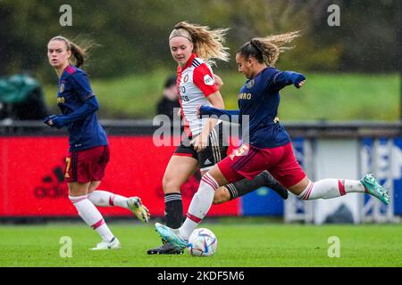 Rotterdam - Amber Verspreget von Feyenoord V1, Chasity Grant von Ajax Vrouwen während des Spiels zwischen Feyenoord V1 gegen Ajax V1 in Nieuw Varkenoord am 6. November 2022 in Rotterdam, Niederlande. (Box zu Box Pictures/Tom Bode) Stockfoto