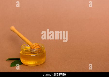 Honig im Glas mit Blättern und Honigtaube auf farbigem Hintergrund Draufsicht mit Text kopieren. Stockfoto