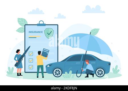 Vektorgrafik Kfz-Versicherung. Cartoon kleine Menschen halten Regenschirm Fahrzeug vor Unfällen zu schützen, Charaktere mit Rechner und Stift zu unterzeichnen Policy-Dokument mit Risikoabdeckung und Garantie Stock Vektor