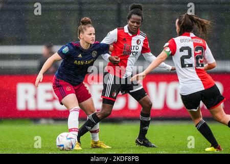 Rotterdam - Nikita Tromp von Ajax Vrouwen, Danique Ypema von Feyenoord V1 während des Spiels zwischen Feyenoord V1 gegen Ajax V1 in Nieuw Varkenoord am 6. November 2022 in Rotterdam, Niederlande. (Box zu Box Pictures/Tom Bode) Stockfoto