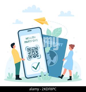 Gesundheitsbescheinigung für die Sicherheit von Reisen und Tourismus Vektor-Illustration. Cartoon kleine Menschen mit Pass und Handy mit QR-Code, Impfdokument in medizinischen App für Bordkarte Stock Vektor