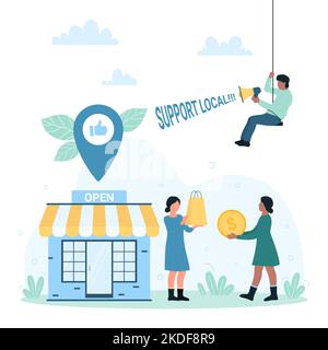 Unterstützung für Inhaber von Kleinunternehmen durch Community-Vektordarstellung. Cartoon kleine Menschen mit Einkaufstaschen, Dollarmünze im Einzelhandel zu kaufen, verkünden per Megaphon Hilfe für lokale Unternehmen Stock Vektor