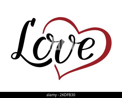 Wortliebe, handgeschriebener Schriftzug mit rotem Herz. Moderne Pinseltinte Kalligraphie. Zum Valentinstag, Muttertag, Hochzeit, Grußkarte. Stock Vektor