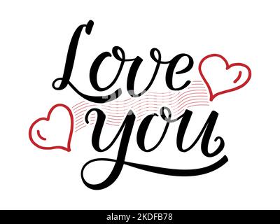 Love You handgeschriebene Schriftzüge mit handgezeichneten zwei roten Herzen und welligen Linien, die sie verbinden. Moderne Pinselkalligraphie. Valentinstag, Hochzeit. Stock Vektor