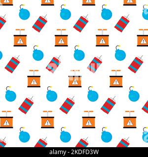 Muster nahtloser Hintergrund mit tnt und Bombe-Sicherung. Vektorgrafik. Dynamit-Design, Feuer Waffe Hintergrund, Spritzgeräte, Bombe Aufmerksamkeit, da Stock Vektor