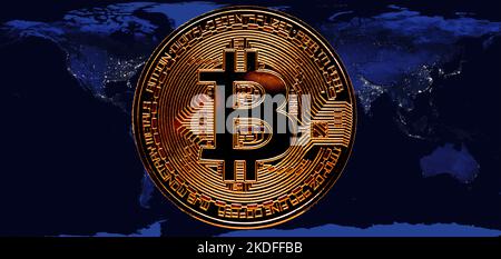 Bitcoin-Grafik oder -Karte und Weltkarte-Konzept. bitcoin- oder Kryptowährungshandel weltweit. Hintergrund der Idee eines globalen Wirtschaftskonzepts. Stockfoto