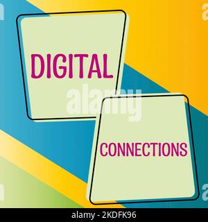 Textunterschrift präsentiert digitale Verbindungen, Business Idea virtuelles Netzwerk Verknüpfung des Benutzers mit seinen Kontakten Frau mit Tablet präsentiert Digital Ba Stockfoto