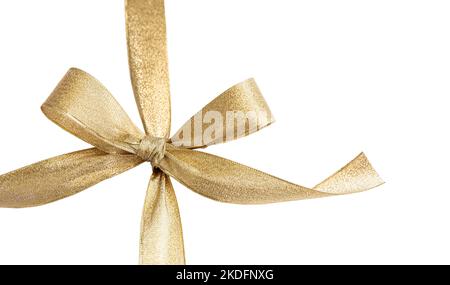 Goldene Schleife isoliert auf weißem Hintergrund, glänzende weihnachtsgeschenke Dekoration. Urlaub, Geburtstag Geschenke Design-Element Stockfoto