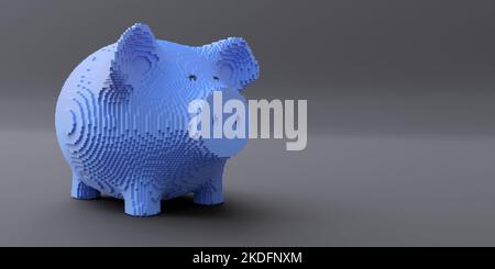 Sparschwein Voxel Art blaue Farbe auf grauem Hintergrund, Kopierraum. Banking, Sparkonzept. 3D Rendern Stockfoto