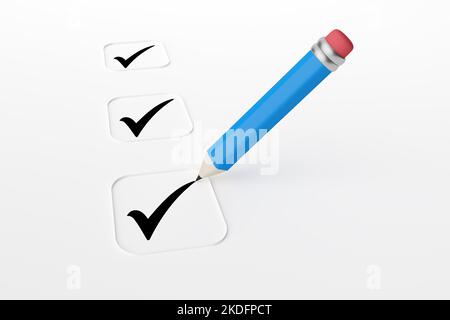 Bleistift zeichnet ein Häkchen oder ein Häkchen in ein Kontrollkästchen auf weißem Hintergrund. Checkliste, Auswahl, Auswahl, Prüfung, Umfrage oder Fragebogen Konzept. 3D Rendern. Stockfoto