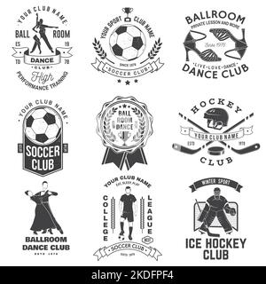 Set aus Eishockey, Ballsaal-Tanz und Fußballverein-Abzeichen. Vektorgrafik. Vintage monochromes Label, Aufkleber, Aufnäher mit Ballsaal-Tänzerin Stock Vektor