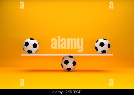 Fußball-Fußballbälle balancieren auf einer Wippe auf gelbem Hintergrund. Deuce, Unentschieden oder Gleichberechtigung auf dem Spielstand oder ausgewogenes Konzept der gleichen Mannschaftsmacht. 3D Stockfoto
