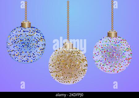 Transparente Weihnachtskugeln auf fliederfarbenem Hintergrund. Urlaubsspielzeug zur Dekoration. Vektorlayout. Stock Vektor