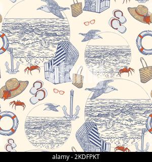 Vintage Nahtloses Muster mit Strandlandschaft und Strandurlaub Accessoires. Anker und Rettungsring - Symbole. Handgezeichnet mit Stift und Tinte. Stock Vektor