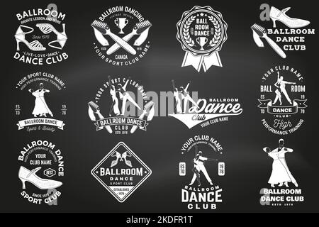 Satz von Ballroom Dance Sport Club Logos, Abzeichen auf Tafel. Konzept für Hemd oder Logo, Print, Stempel oder T-Shirt. Tanzsport Aufkleber mit Schuhen für Stock Vektor