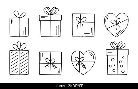 Doodle Weihnachten Linie Geschenkbox Kollektion isoliert auf weißem Hintergrund. Vektorgrafik. Stock Vektor